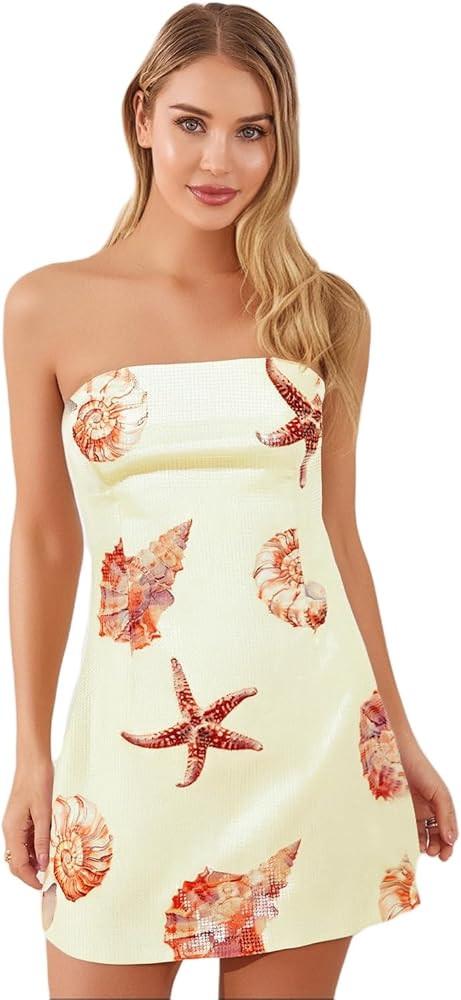 Women Strapless Sequined Mini Dress Floral Print Sleeveless Tube Top Bodycon Dresses Summer Beach... | Amazon (US)