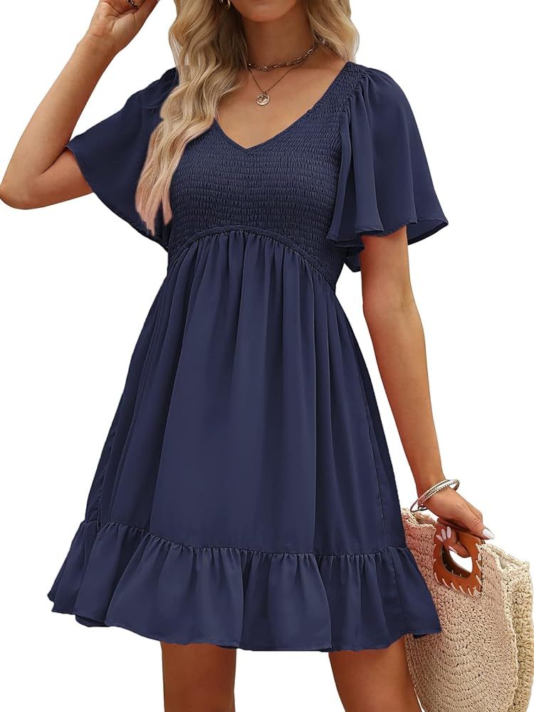 LILLUSORY Women's Flowy Casual Mini Dresses 2023 Summer Smocked V Neck Flutter Sleeve Ruffle Dress | Amazon (US)