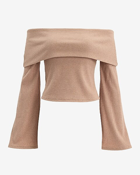 Cozy Ribbed Fold Over Off The Shoulder Long Sleeve Tee | Express