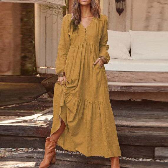 Women Solid Colour Pleated Cotton Linen Fabric Midi-maxi Dress - Etsy | Etsy (US)