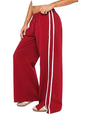 Women's Elasticated Waistband Side Pockets Double Stripe Split at Bottom Hem Wide Leg Pants | Amazon (US)