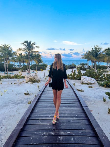 Black kimono wide sleeve mini dress for bachelorette party in Cancun Mexico with my favorite ysl black purse with gold chain and clear heels 

#LTKstyletip #LTKtravel #LTKwedding