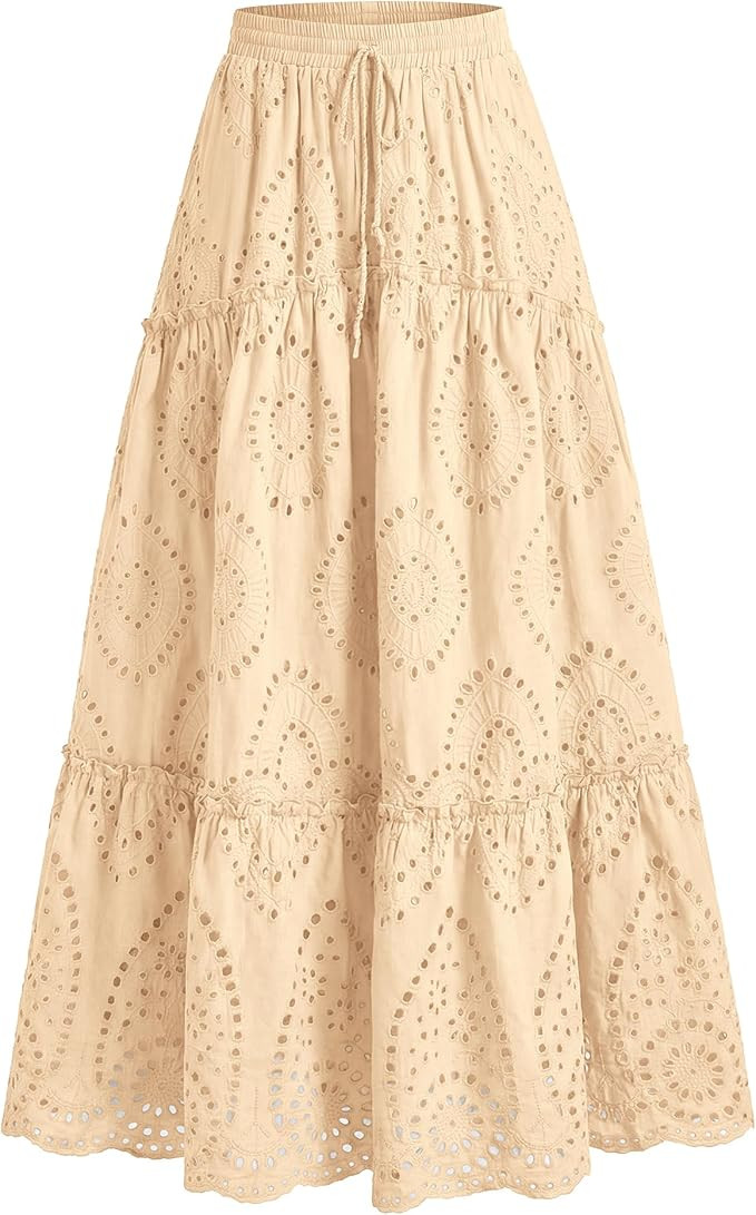 BTFBM Long Skirts for Women Summer 2026 Boho Lace Embroidery High Waist Flowy Tiered Spring Maxi ... | Amazon (US)