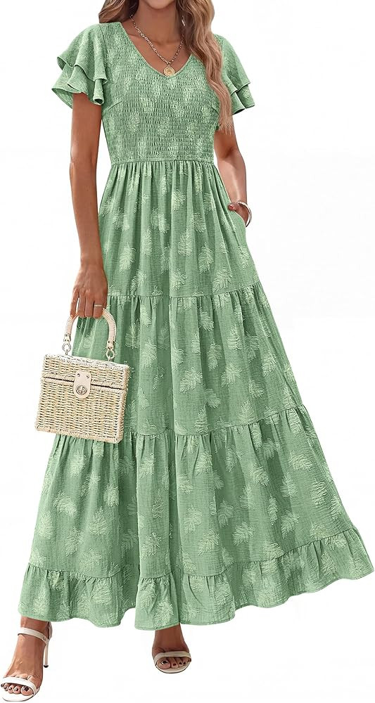 dowerme Maxi Dresses for Women 2026 Summer Ruffle Sleeve V Neck Smocked A Line Floral Boho Tiered... | Amazon (US)