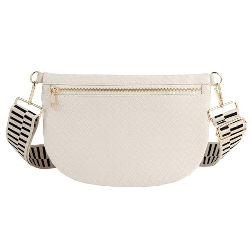 Woven Crossbody Bags for Women Leather Belt Bum Sling Purse Fanny Waist Pack Chest Shoulder Bag for Women-Cream | Amazon (US)