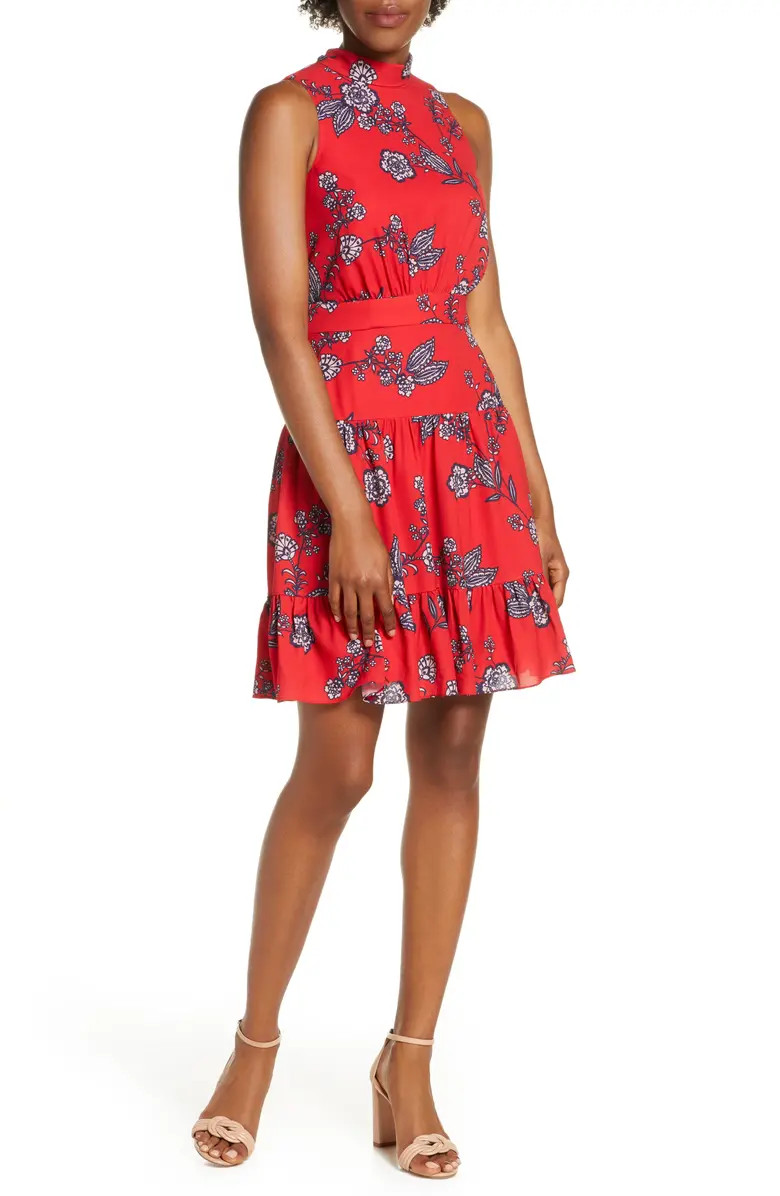 Floral Mock Neck Crepe Fit & Flare Minidress | Nordstrom