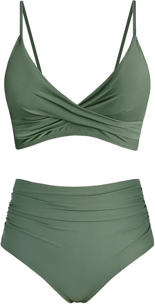 Women's High Waisted Bikini Sets Push Up Twist Front Spaghetti Straps Ruched Two Piece Swimsuit B... | Amazon (US)