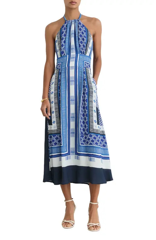 Reiss Joselyn Scarf Print Halter Neck Midi Dress in Blue at Nordstrom, Size 12 Us | Nordstrom