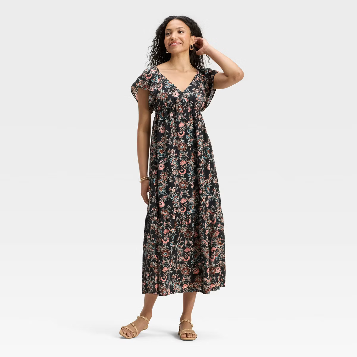 Women's Flutter Short Sleeve Maxi A-Line Dress - Universal Thread™ Black Floral | Target