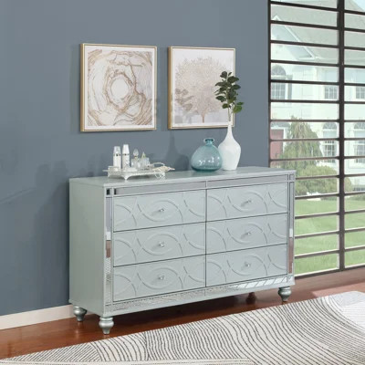 Glam Style Silver Metallic 6‑Drawer Dresser, Engineered Hardwood Bedroom Dresser with Mirrored Trim, Crystal Pulls & Felt‑Lined Top Drawers | Wayfair North America