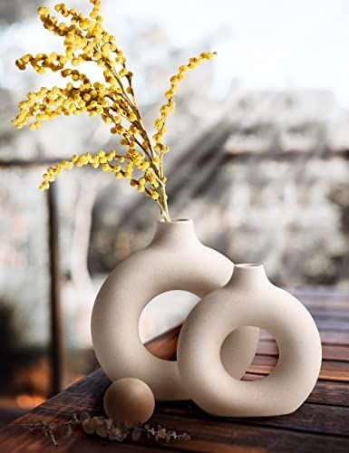 Amazon.com: Leicofay Ceramic Hollow Donut Vase Set of 2, Off White Vases for Decor Nordic Minimal... | Amazon (US)