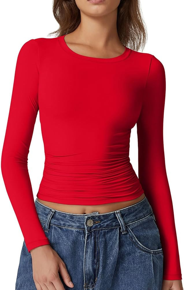 QINSEN Womens Crewneck Long Sleeve Shirt Double Lined Basic Tees Side Ruched Going Out Crop Tops | Amazon (US)