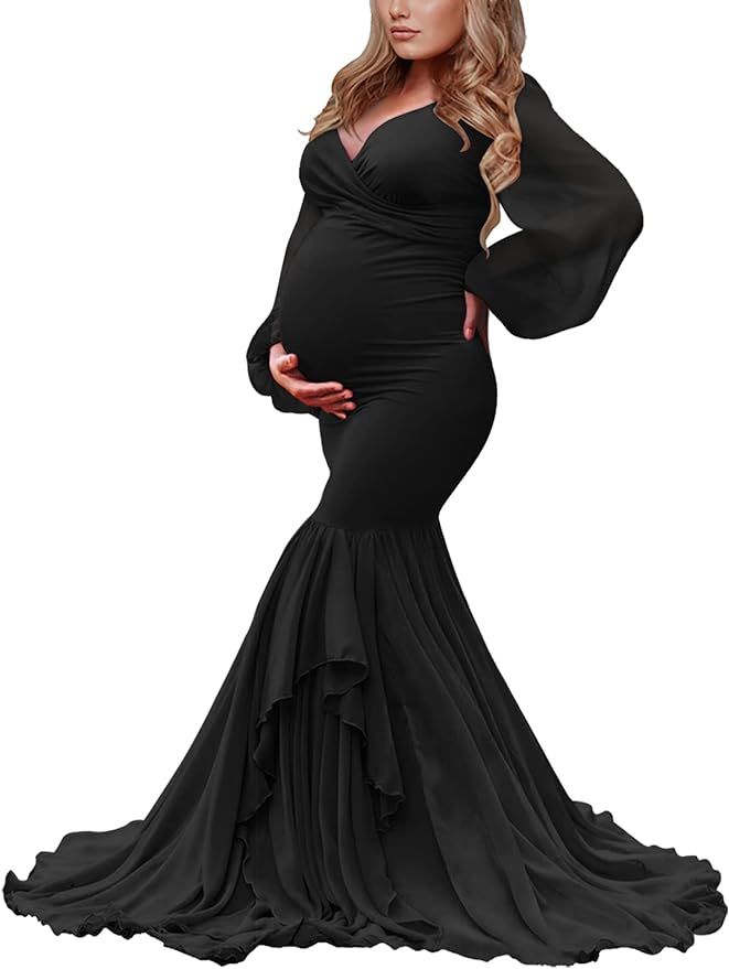 Saslax Long Chiffon Sleeve Tired Mermaid Maternity Dress for Photoshoot Photography Baby Shower | Amazon (US)