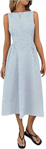 SOLY HUX Women's Summer Striped Midi Dress Elegant Boat Neck Sleeveless A Line Dresses | Amazon (US)