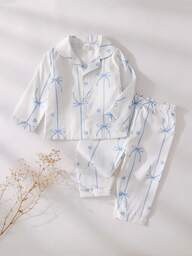 2pcs Baby Girls' Casual Cute Flame Retardant Digital Print Bow Knitted Collared Cardigan & Bow Print Pants Loungewear Pajama Set | SHEIN