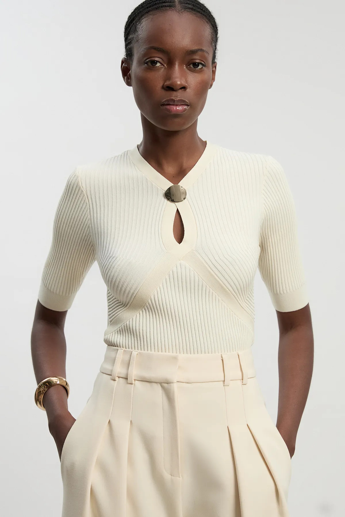 Ivory Rib Knit Trim Detail Short Sleeve Top | Karen Millen USA | Karen Millen US