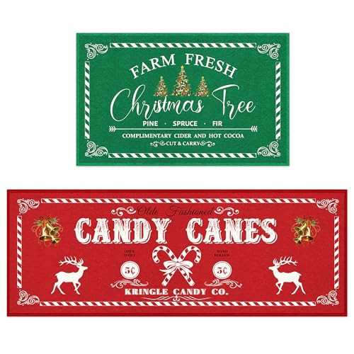 Christmas Kitchen Rugs, Xmas Tree Kitchen Mats Set of 2 , Thick Soft Farmhouse Red Green Christmas Kitchen Decor- Candy Canes Runner Decorations for Floor,Bathroom,Living Room,Doorway-17x28x17x47 | Amazon (US)