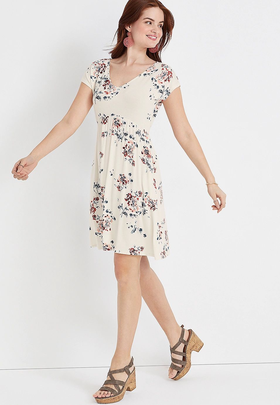 24/7 Floral Short Sleeve Babydoll Mini Dress | Maurices