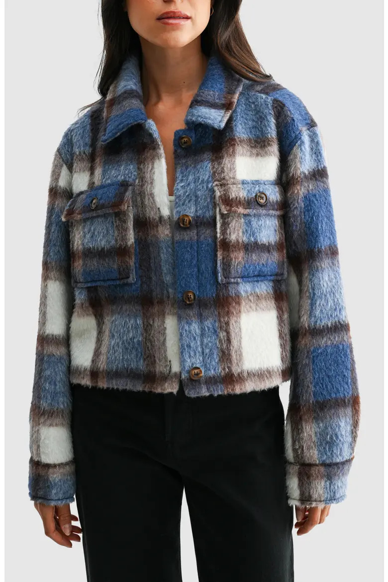All in Favor Plaid Cropped Jacket in Blue Ivory Plaid at Nordstrom, Size Medium | Nordstrom