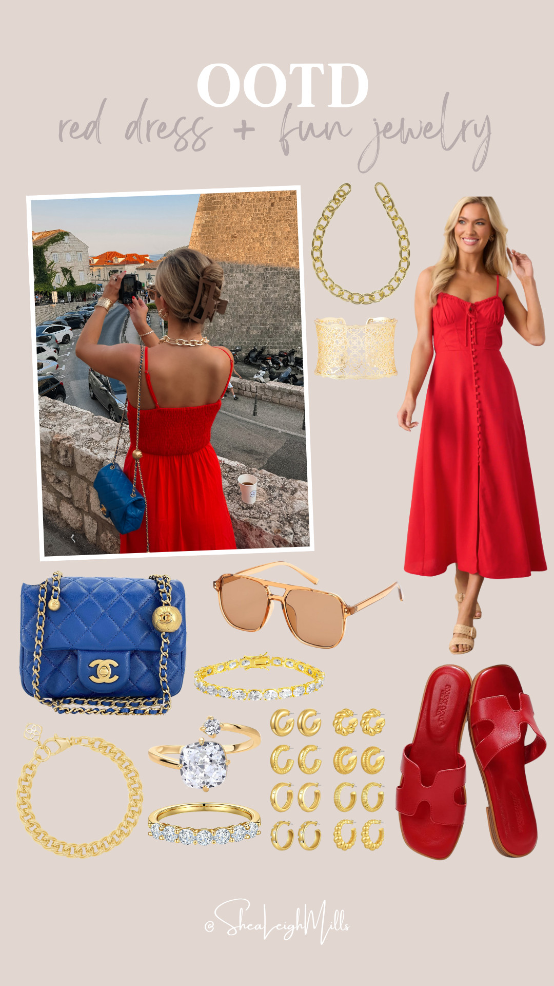Bold red dress, gold jewelry, and a pop of blue— vacation style done right!  


#europevacation #beachtrip #traveloutfit #resortstyle #summerfashion 

 