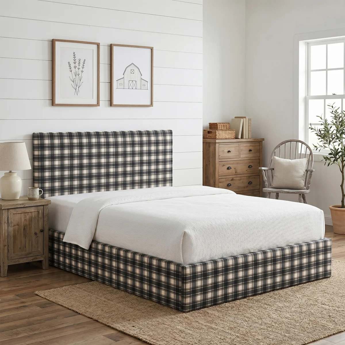 Modern Farmhouse Upholstered Platform Bed with Plaid Headboard and Lift Storage, Queen, Black And... | Wayfair North America