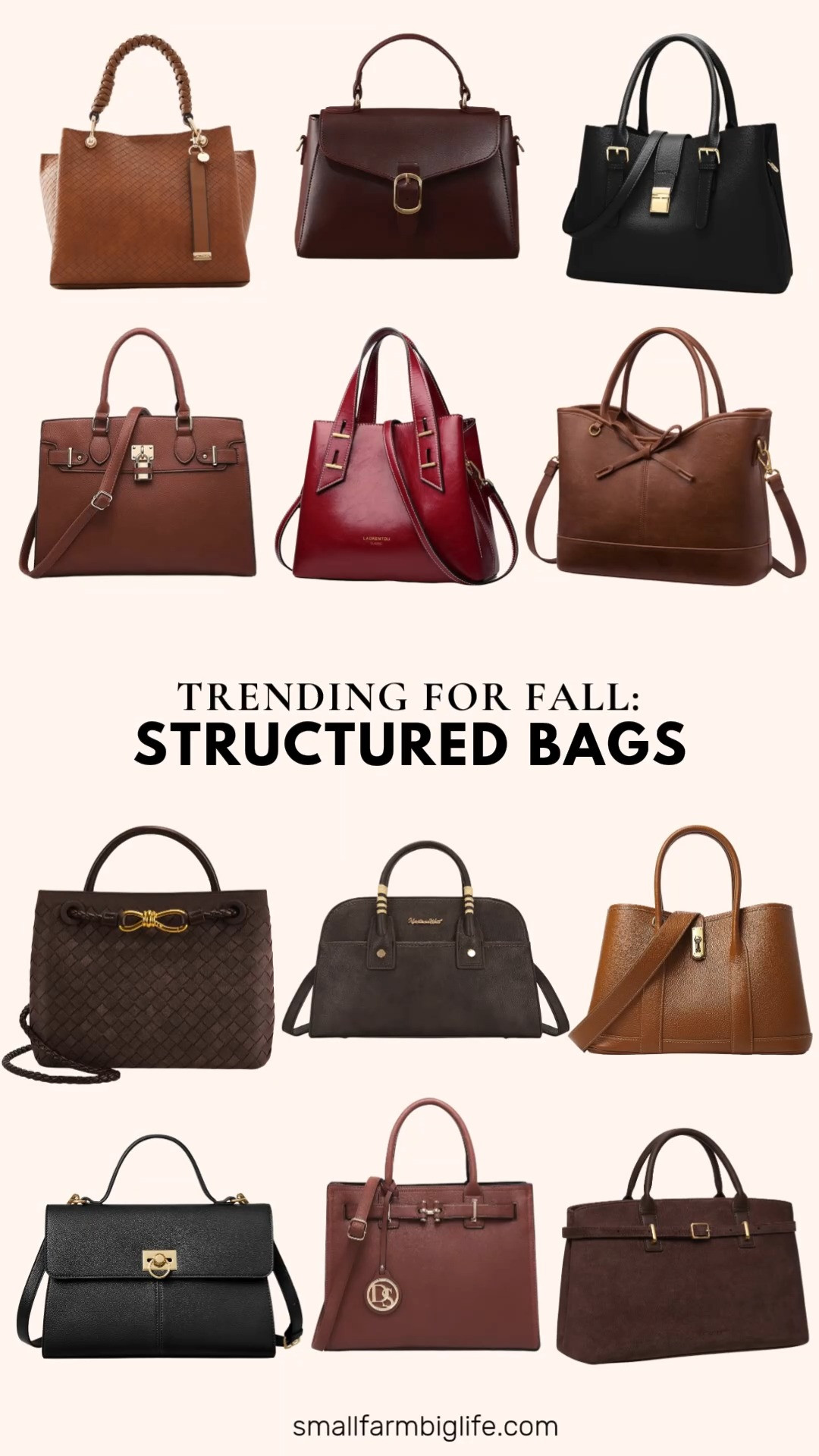 Structured bags are trending everywhere this fall, and this polished top handle style is such an easy way to elevate business casual workwear.

The coffee brown BOSTANTEN Soft Structured Satchel and the black BOSTANTEN Vintage Satchel are both such professional, commute friendly bags with a top handle and detachable strap. The cognac brown DORIS&JACKY Top Handle Satchel and the caramel brown LOVEVOOK Bow Tote Satchel bring a soft, feminine detail while still keeping that structured shape.

For something bolder, the red Genuine Leather Crossbody Satchel and the burgundy Vintage Vegan Leather Flap Bag both add a nice pop of color, and the dark brown Montana West Structured Satchel is great for travel with its hand wrapped handle and detachable strap. The black Vegan Leather Tote Handbag and the cognac brown ALDO Gloadithh round out the neutral options nicely.

Rounding things out, the coffee brown Dasein Satchel Tote with a matching clutch, the brown Dasein Structured Satchel, and the coffee brown Woven Tote are all great work bags with plenty of room for a laptop or daily essentials.

So many polished structured bags to shop for autumn outfits this season, all linked for you.

#structuredbags #fallfashion #falloutfits #businesscasual #autumnoutfits 

 #LTKootd #LTKOver40 #LTKWorkwear