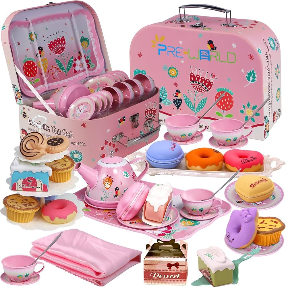 Tea Party Set for Little Girls,PRE-WORLD Princess Tea Time Toy Including Dessert,Cookies,Doughnut... | Amazon (US)