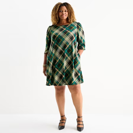 Jessica Howard Womens Plus 3/4 Sleeve Plaid Shift Dress, 1x, Green | JCPenney