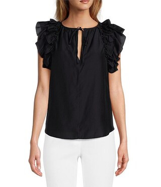 Meadow Split V-Neck Short Puff Ruffle Sleeve Blouse | Dillard's