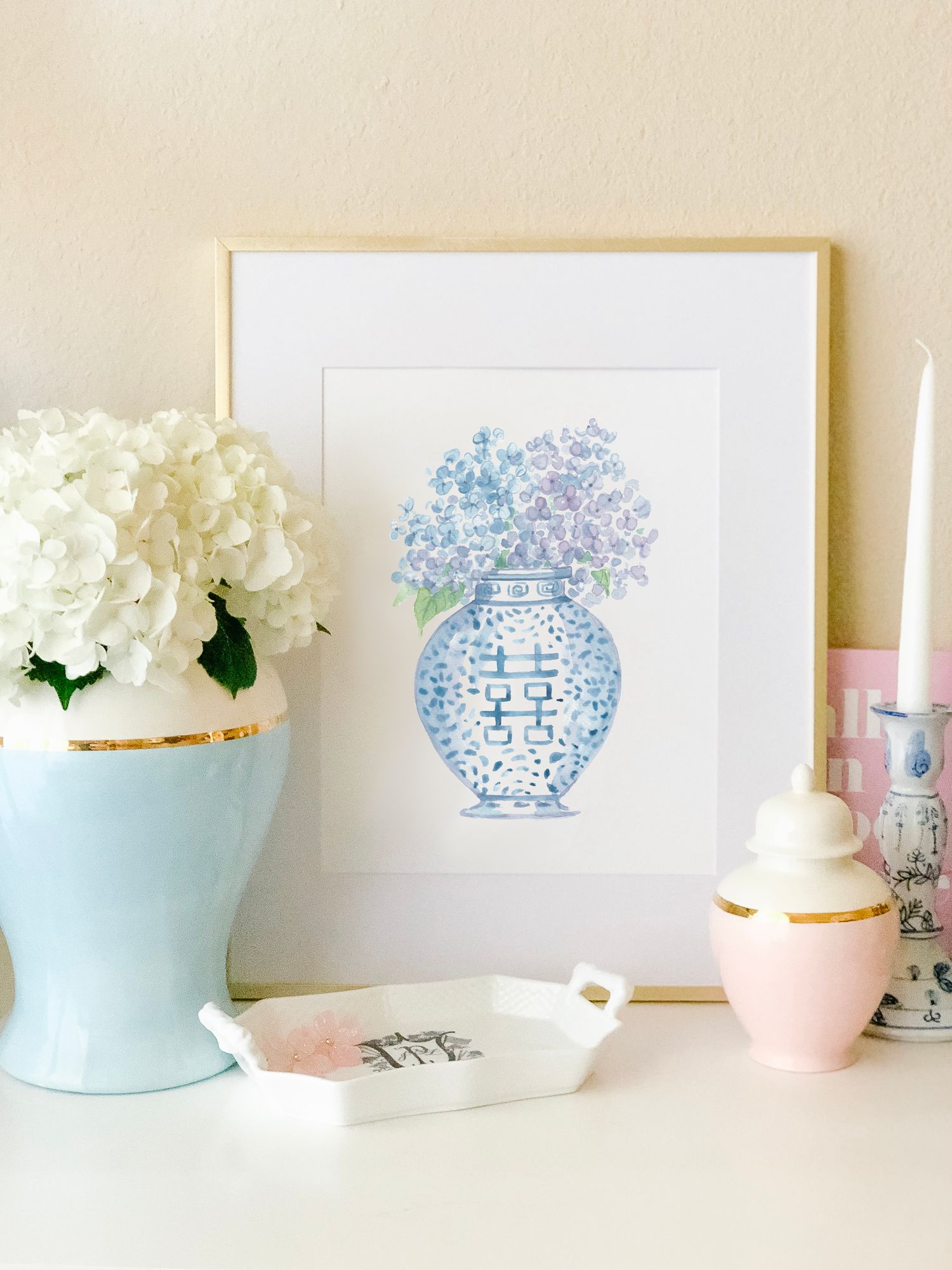 Ginger Jar with Hydrangeas Watercolor Art Print — Simply Jessica Marie | Simply Jessica Marie