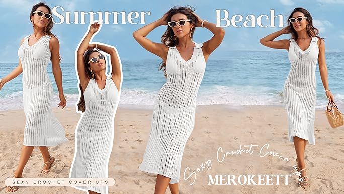 MEROKEETY Women's Crochet Cover Ups Dress Sleeveless Swimsuit Swimwear Coverup 2023 Long Beach Dr... | Amazon (US)