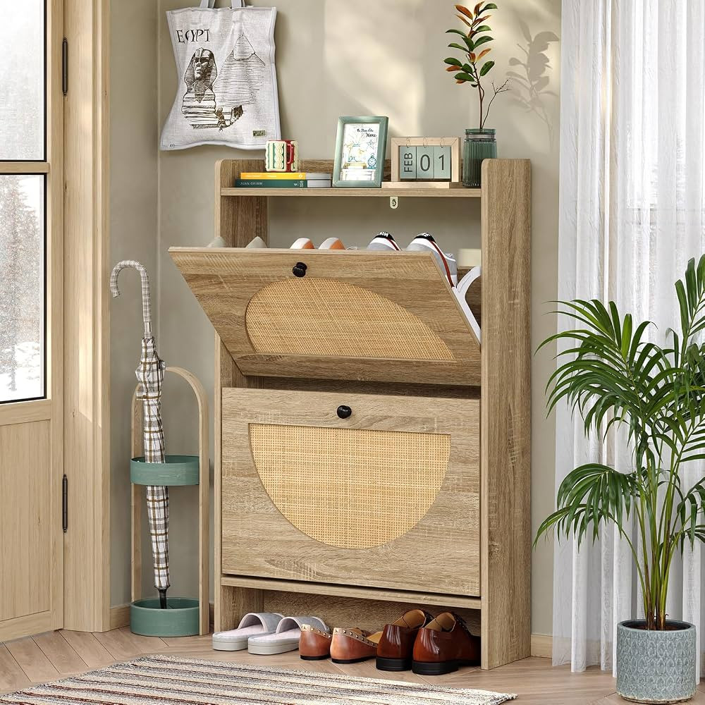 Shoe Rack Storage Cabinet with 2 Natural Semi-Circular Rattan Doors, Entryway Boho Shoe Cabinet for Sneakers, Leather Shoes, High Heels, Slippers, 36.7“ Entryway Furniture | Amazon (US)