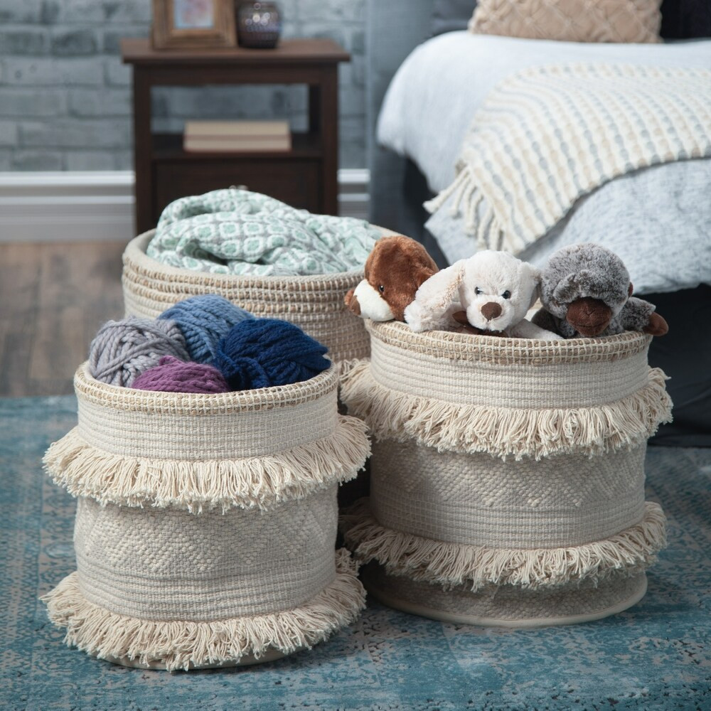 WYNDENHALL Ulyssa Transitional 3 Pc Nesting Storage Basket Set in Natural Fringe - 16 inch wide (Nat | Bed Bath & Beyond