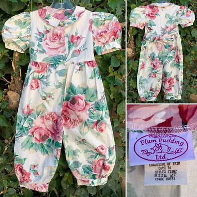 Vintage Plum Pudding Romper Floral Jumpsuit Puffy Sleeve Cottagecore Size 2T | eBay US