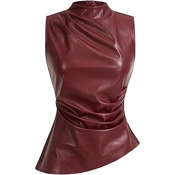 SHENHE Women's Mock Neck PU Leather Pleated Asymmetrical Sleeveless Fitted Dressy Tank Top | Amazon (US)