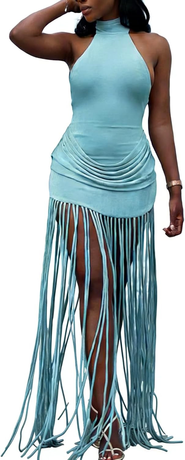 Women Halter Fringe Tassels Long Dresses Ruched Sleveless Elegant Sexy Formal Evening Party Club Maxi Dress | Amazon (US)