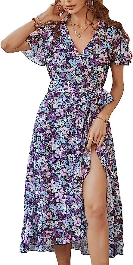 PRETTYGARDEN Women's Floral Summer Dress Wrap V Neck Short Sleeve Belted Ruffle Hem A-Line Bohemi... | Amazon (US)
