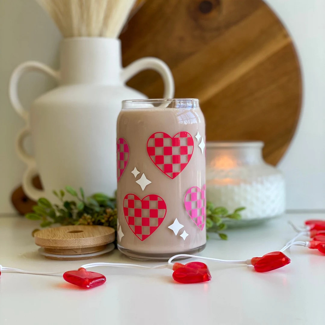 Color Changing Checkered Heart Glass Can Tumber, 16oz Heart Iced Coffee Glass Valentine's Day Cof... | Etsy (US)