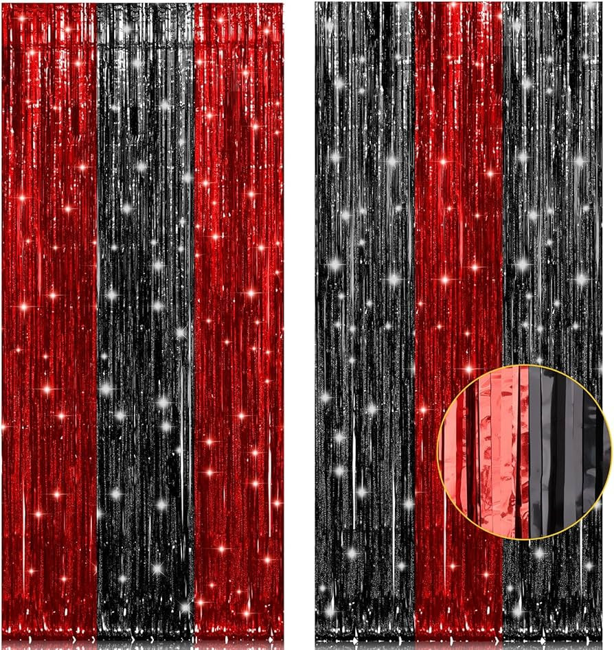 2 Pack 3.2x8.2 Feet Black and Red Foil Fringe Curtains Party Decorations, Tinsel Curtain Backdrop... | Amazon (US)