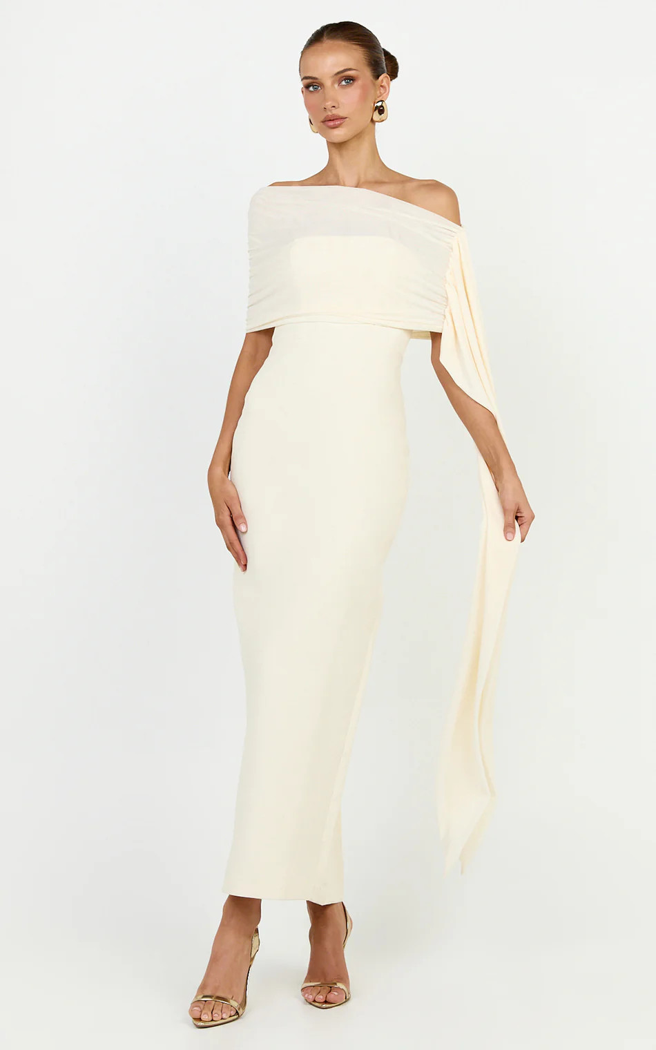 Off Shoulder Contrast Mesh Draped Overlay Dress in Cream | Showpo (ANZ)