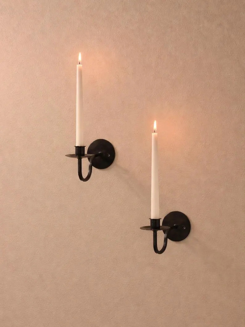 Hand Forged Iron Wall Sconce Set of 2, Minimalist Black Metal Candle Holder - Etsy | Etsy (Global)