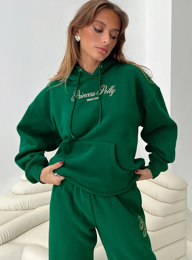 Princess Polly Hooded Sweatshirt Script Green / Ivory | Princess Polly US