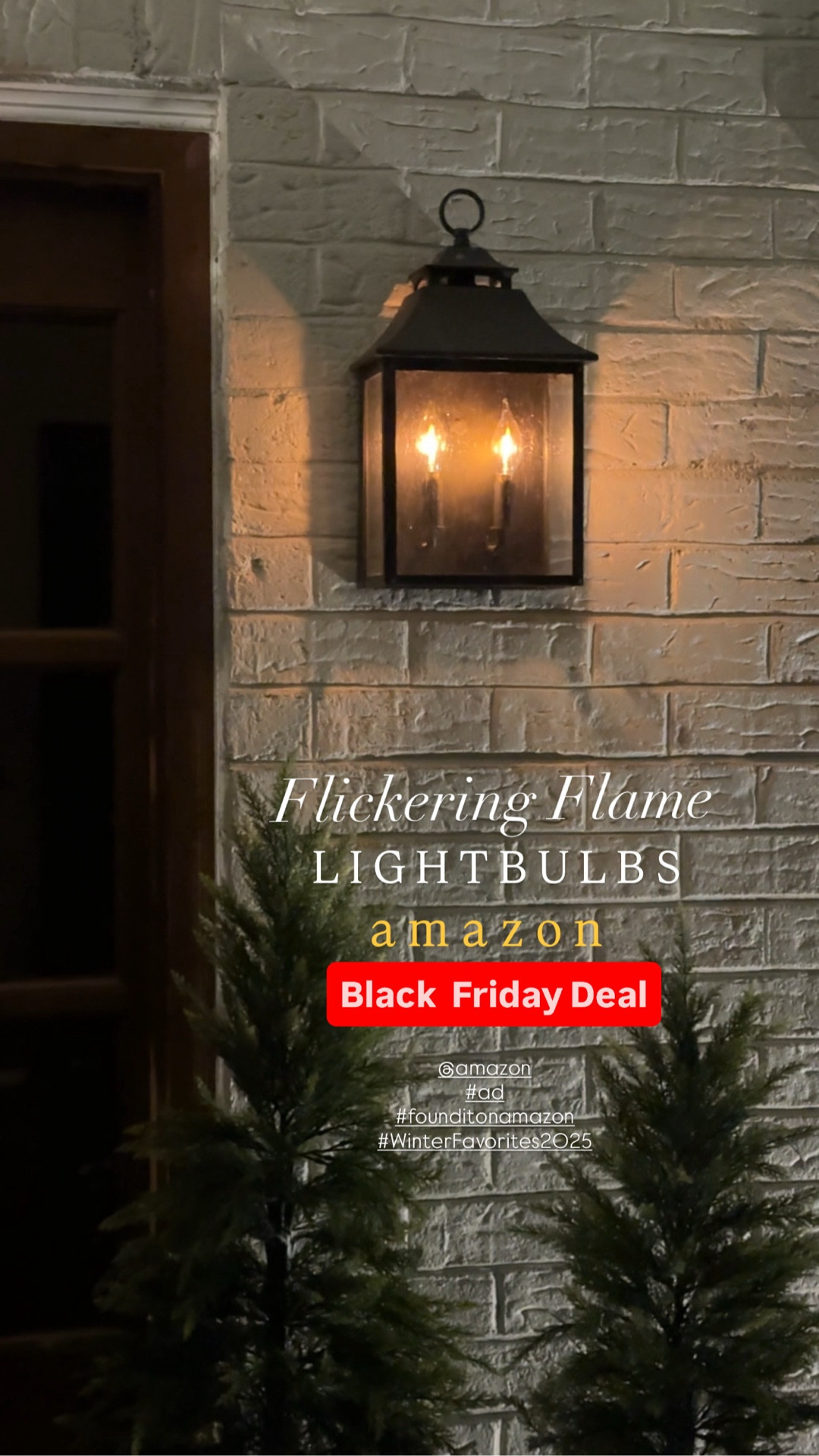 @amazon #ad #founditonamazon #WinterFavorites2025
Flickering flame lightbulbs | flame lightbulbs | gas lanterns | outdoor wall sconce | outdoor decor | front porch decor | holiday front porch decor | winter front porch decor | cedar trees 

#LTKSaleAlert #LTKHome #LTKCyberWeek