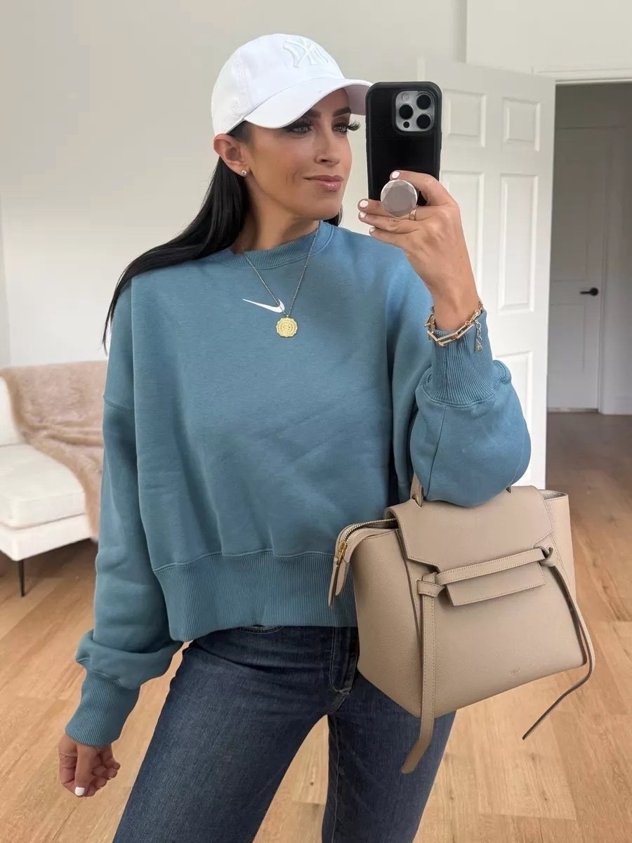 Nike Sportswear Phoenix Fleece Women's Over-Oversized Crew-Neck Sweatshirt wearing small. Sofia Vergara jeans. Nike Jordans

