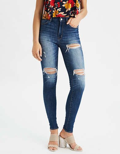 AE Denim X Super High-Waisted Jegging, Destroyed Bright | American Eagle Outfitters (US & CA)
