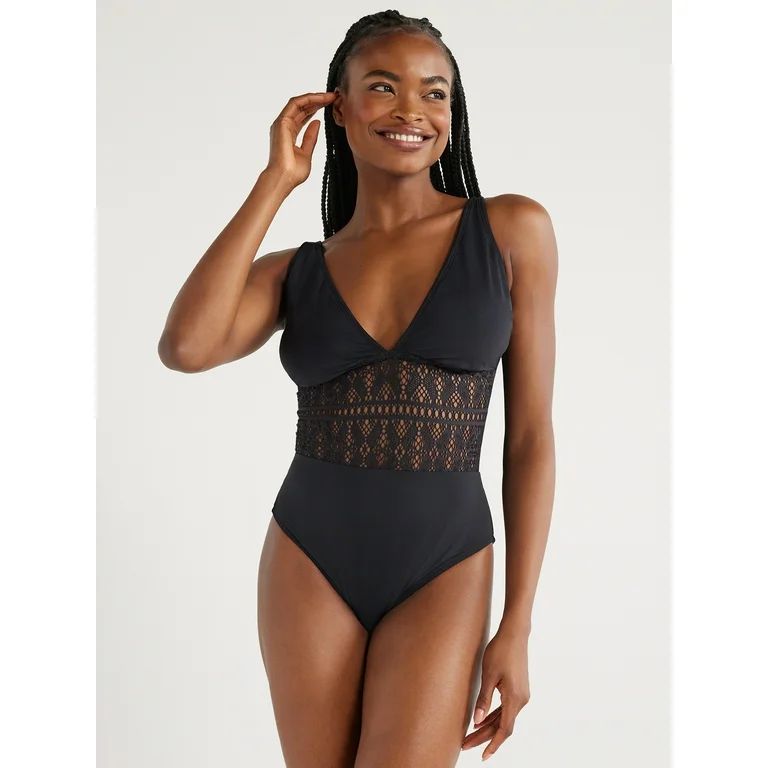 Time and Tru Women’s and Plus Black Crochet Plunge One Piece Swimsuit - Walmart.com | Walmart (US)