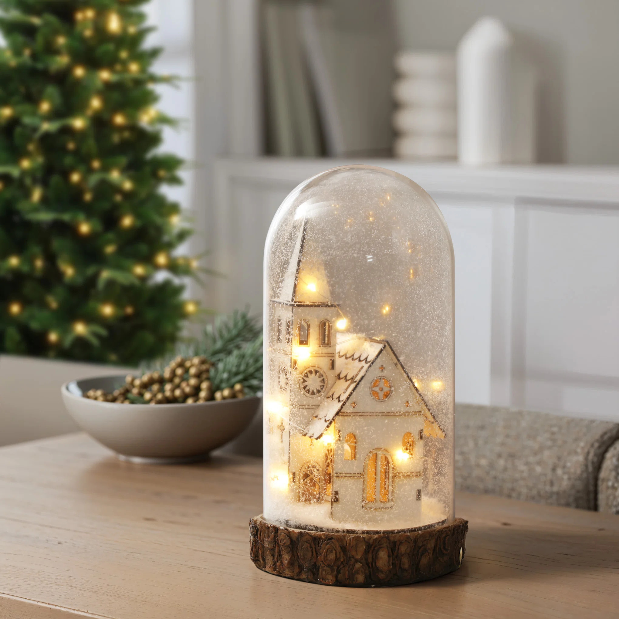 Lighted Christmas Snow-Covered White Church Glass Dome Battery-Operated Lantern | Wayfair North America