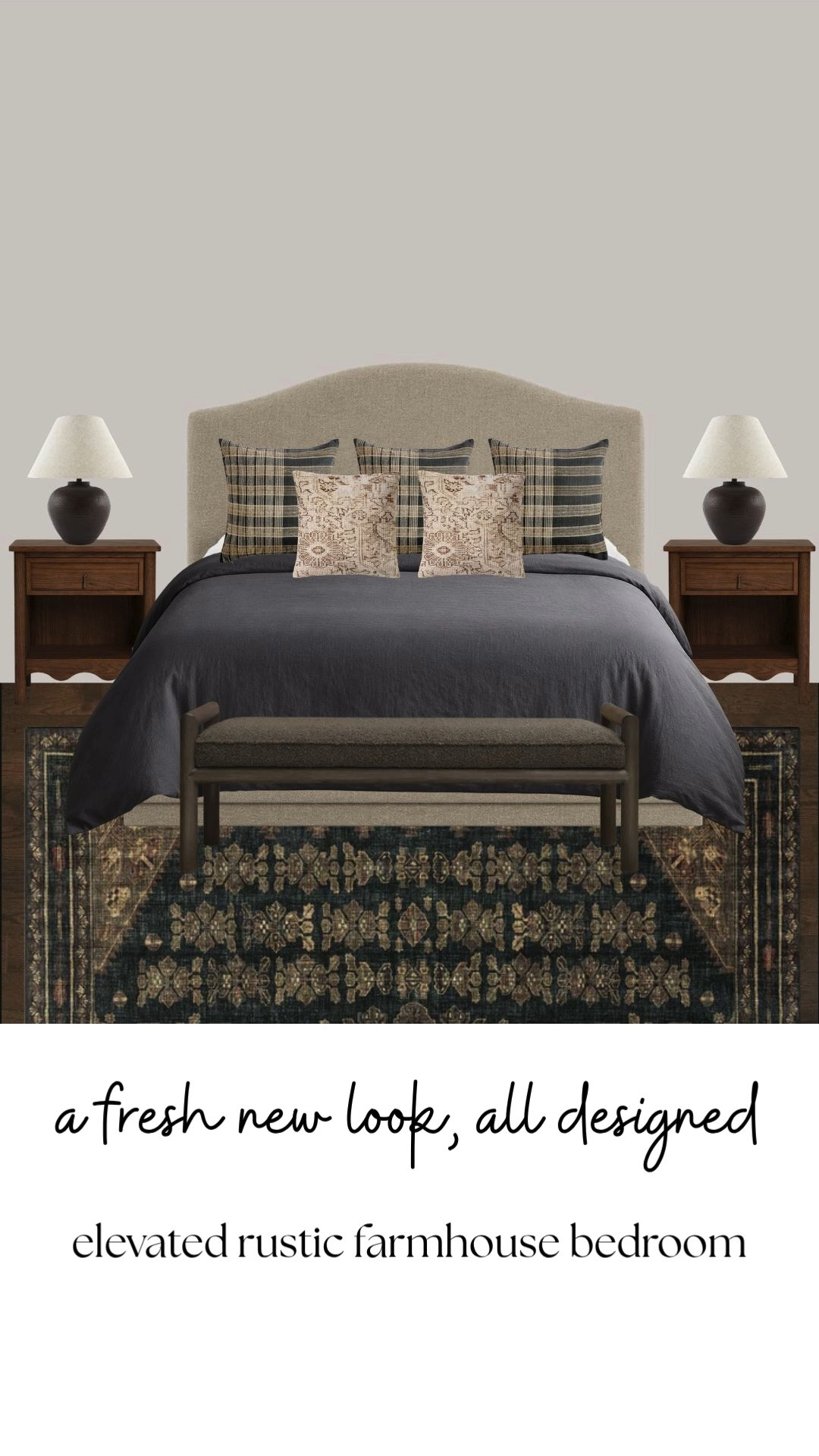 A bedroom designed to feel warm, calm, and collected.

This elevated rustic farmhouse bedroom layers warm wood furniture, soft neutral bedding, vintage-inspired rugs, and earthy olive accents for a space that feels timeless without feeling overly formal. The moody lighting and cozy textures give the entire room that quiet luxury, designer-home feeling.

Perfect for anyone searching for rustic farmhouse bedroom ideas, cozy neutral bedrooms, warm traditional interiors, collected home decor, or timeless bedroom inspiration with an elevated designer look. 

 #LTKHome