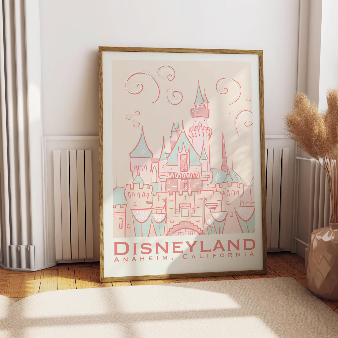 Pastel Magic Wall Art | Anaheim Travel Poster-inspired Print | Whimsical Pink Castle Decor | Digi... | Etsy (US)