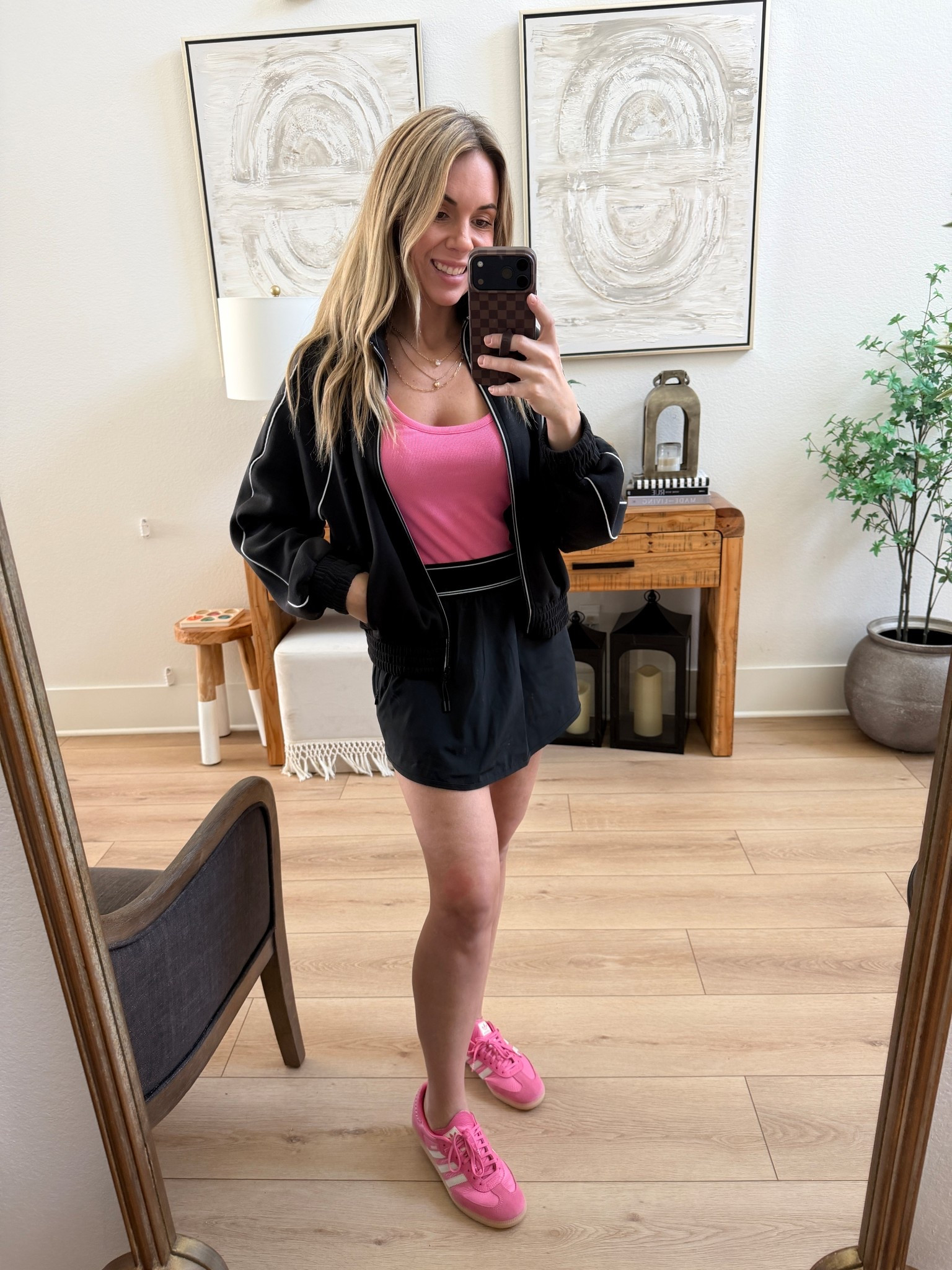 I sized up in the skirt to a medium for length but it is a bit big so I’d say it’s TTS but just a little short. Take and jacket are TTS. I’m wearing a small. 

#LTKgrwm #LTKootd